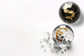 Glass globe broken open to reveal a gold Euro sign. Dollar strong