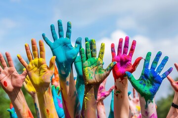 Vibrant hands raised in the air during a holiday festival. Generative Ai