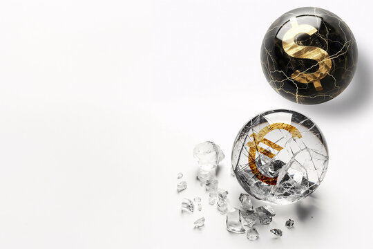 Glass globe broken open to reveal a gold Euro sign. Dollar strong - Powered by Adobe