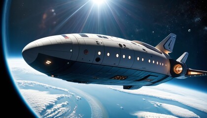 Obraz premium A digital rendering of an advanced spacecraft orbiting Earth, with the sun casting a brilliant backlight against the planet's atmosphere.. AI Generation
