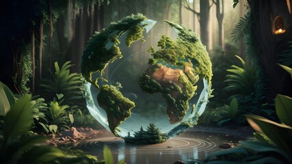 Earth globe made from water and moss  the earth in the forest background, earth day concept,...