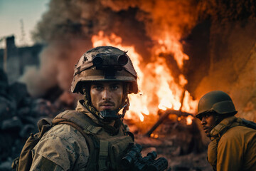 soldier at war, war zone, fictional location, fire and flames, something is burning from a attack or explosion