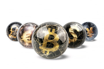 Cryptocurrency and currency symbols on marbles against white background.
