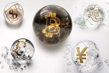 Cryptocurrency icons frozen and breaking, symbolizing market volatility.