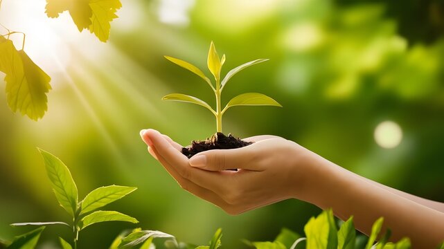 hands holding a plant with sunlight on a green natural background. concept eco Earth day, environmental concept, tree plantation concept