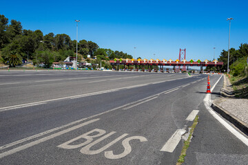 25 de Abril bridge toll plaza without car traffic in the direction Lisbon-Almada.