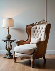 A plush, tufted vintage armchair beside an ornate side table with a lamp, situated against a warm neutral wall, evoking a sense of luxury and classic style.