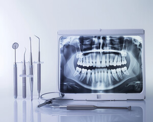Commercial A set of dental tools ? a mirror, scaler, and explorer ? rests beside a modern dental x ray viewer displaying a patient's x ray, all displayed on an isolated background