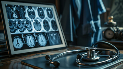Commercial A stethoscope with a weathered headpiece rests beside a digital tablet displaying medical imaging scans and a worn doctor's coat hanging in the background,  - Powered by Adobe