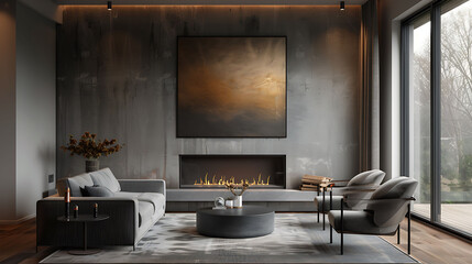 Detail shot of a statement piece artwork above a fireplace, modern interior design, scandinavian style hyperrealistic photography