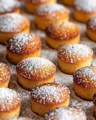 Obraz na płótnie Canvas Macro shot of freshly baked almond financiers, dusted with powdered sugar, highlighting the golden crust and moist interior