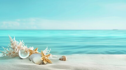 Fototapeta na wymiar Tranquil Beach Scene with Shells and Starfish on Sandy Shore