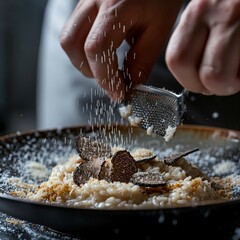 Closeup of a hand grating fresh truffles over a risotto, highlighting luxury and fine dining, in the ambient setting of a Michelinstarred restaurant - obrazy, fototapety, plakaty