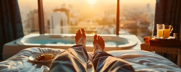 Person relaxing in a luxury hotel room with city skyline view during sunset. Leisure and travel concept