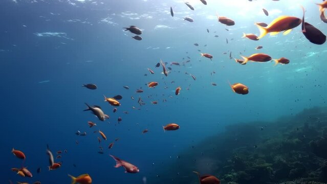 A school of fish swimming in the ocean. The fish are of various colors and sizes. The scene is peaceful and serene. The underwater world of the Red Sea.