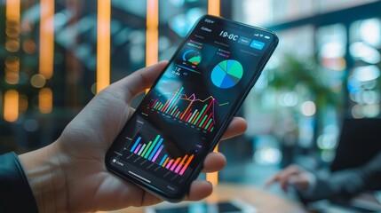 Mobile analytics application interface. Hand holding phone with financial graphs and statistics display. - obrazy, fototapety, plakaty