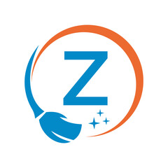 House Clean Logo On Letter Z With Clean Brush and Water Symbol. Maid Sign