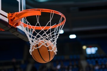 Basketball ball sinks into hoop, victory and achievement concept