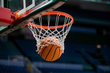 Fototapeta premium Basketball ball sinks into hoop, victory and achievement concept