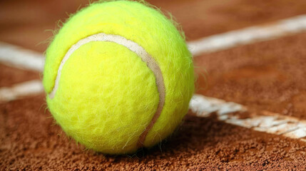 Green tennis ball close-up. Blurred background with a tennis court. - 783938902