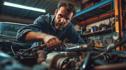 Focused mechanic working on car engine in auto repair shop.
