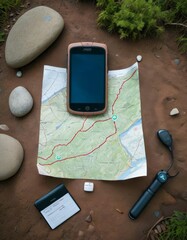 A modern smartphone with a navigation app is placed on a paper map, surrounded by smooth stones and a handheld GPS unit, illustrating a blend of traditional and digital navigation.