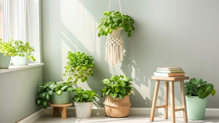 Serene Indoor Plant Oasis with Sunlight and Shadows