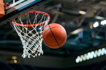 Basketball flies through air toward hoop, exciting sports action