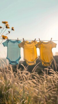 Minimalist, colorful triplets onesies hanging on a line against a clear, serene backdrop