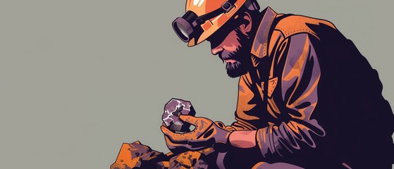 Clean, simple illustration of a geologist wearing a hard hat, examining a mineral specimen