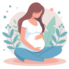 Beautiful young pregnant woman vector illustration. Concept of pregnancy and motherhood. Flat design on white background.