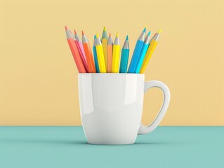 A sleek, simple image of a coffee cup filled with colorful pencils, set against a clean, playful backdrop