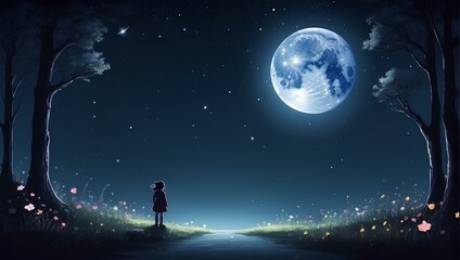 Fototapeta premium person in a fairy night background with copy space 