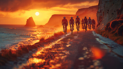 Professional Stock Photography, double exposure style, A group of cyclists rides along a coastal road at sunset The golden light of the setting sun creates a warm glow on the ocean