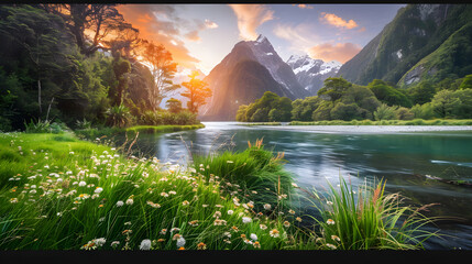 Golden Sunset Over Lush Riverside Forest in New Zealand National Park with Distant Snow-Capped Mountains