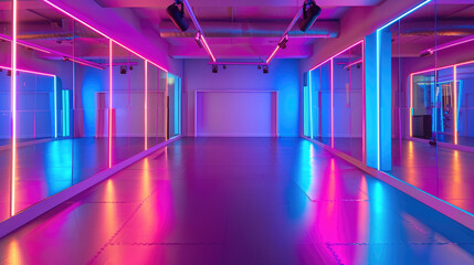 Modern dance studio space with mirrors and neon lighting - 783939973