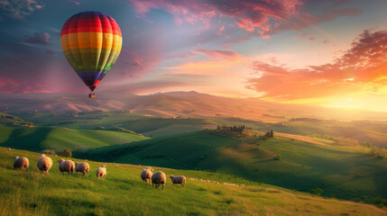 Professional Stock Photography, double exposure style, A hot air balloon with brightly colored panels floats peacefully above rolling green hills dotted with sheep