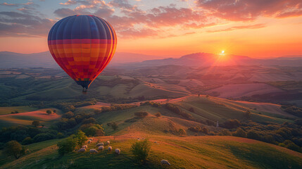 Obraz premium Professional Stock Photography, double exposure style, A hot air balloon with brightly colored panels floats peacefully above rolling green hills dotted with sheep