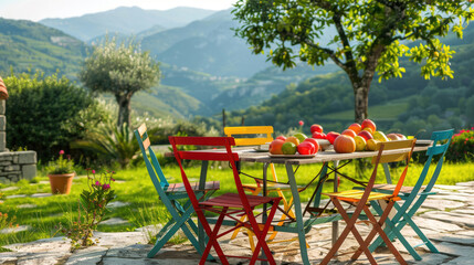 Picnic table on the terrace with colorful chairs - 783940724