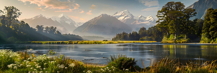 Golden Sunset Over Lush Riverside Forest in New Zealand National Park with Distant Snow-Capped Mountains