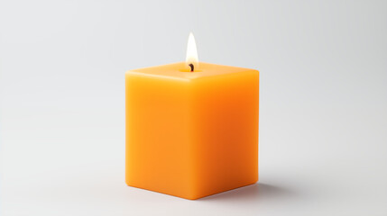 one cube shape orange colored burning candle on white background