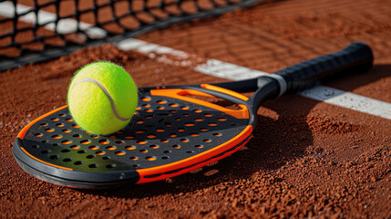 Paddle tennis racket and ball. Practicing paddle sport on the paddle court - 783940991