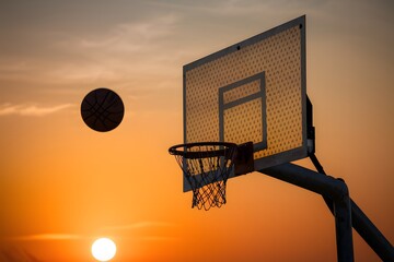 Basketball thrown through metal hoop at stunning sunset backdrop