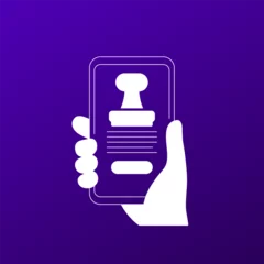 Poster electronic stamp icon with a phone in hand © nexusby