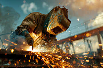 Professional Stock Photography, double exposure style, A skilled welder wearing a welding mask and protective gear carefully welds a metal structure Sparks fly as they work, 