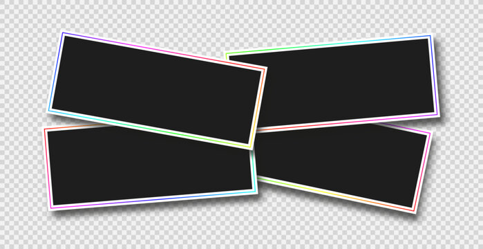 Wide horizontal stacks of four empty photo frames mockup. Realistic vector objects. Clipart photo frames with shadow and rgb contour line.