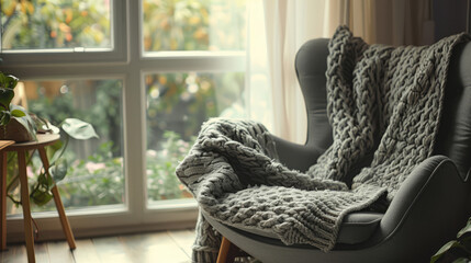 Scandinavian textile blanket on the armchair, giving comfort and warmth - 783941988
