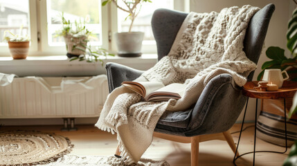 Scandinavian textile blanket on the armchair, giving comfort and warmth - 783942133