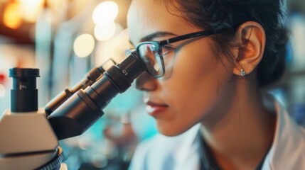 Young Female Scientist Concentrating on Research with Microscope - obrazy, fototapety, plakaty