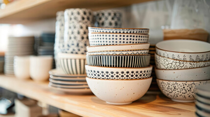 Set of ceramic dishes on a shelf with patterns in Scandinavian style